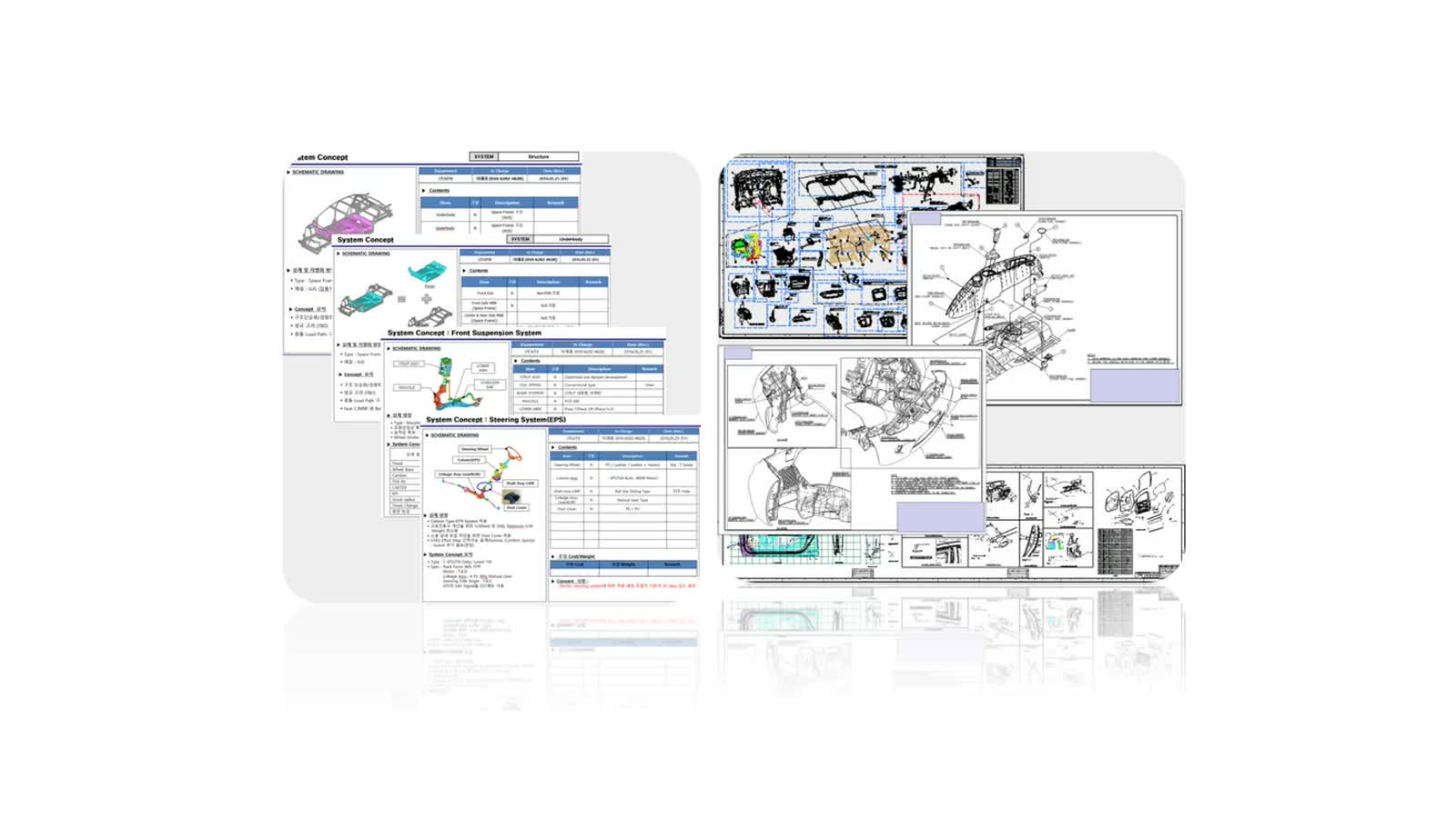 System concept sheets and production CAD drawings extracted from the FE model